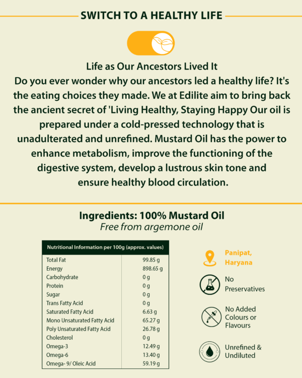 Edilite Cold Pressed Yellow Mustard Oil - 1 Litre | Plastic Bottle - Image 5